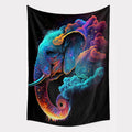 Colorful elephant tapestry with cosmic design on a black background