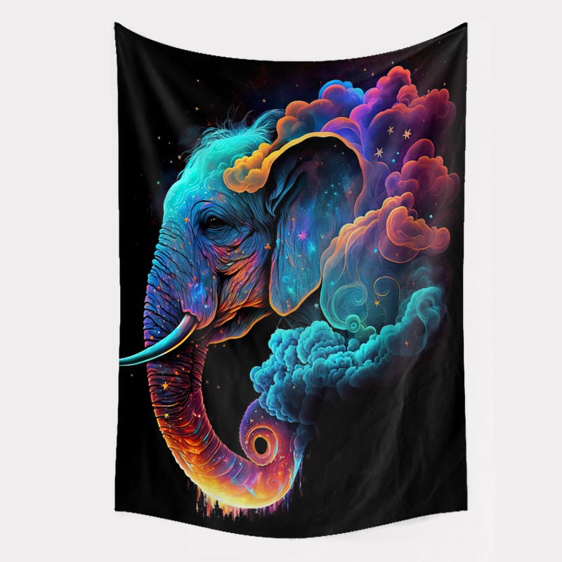 Colorful elephant tapestry with cosmic design on a black background